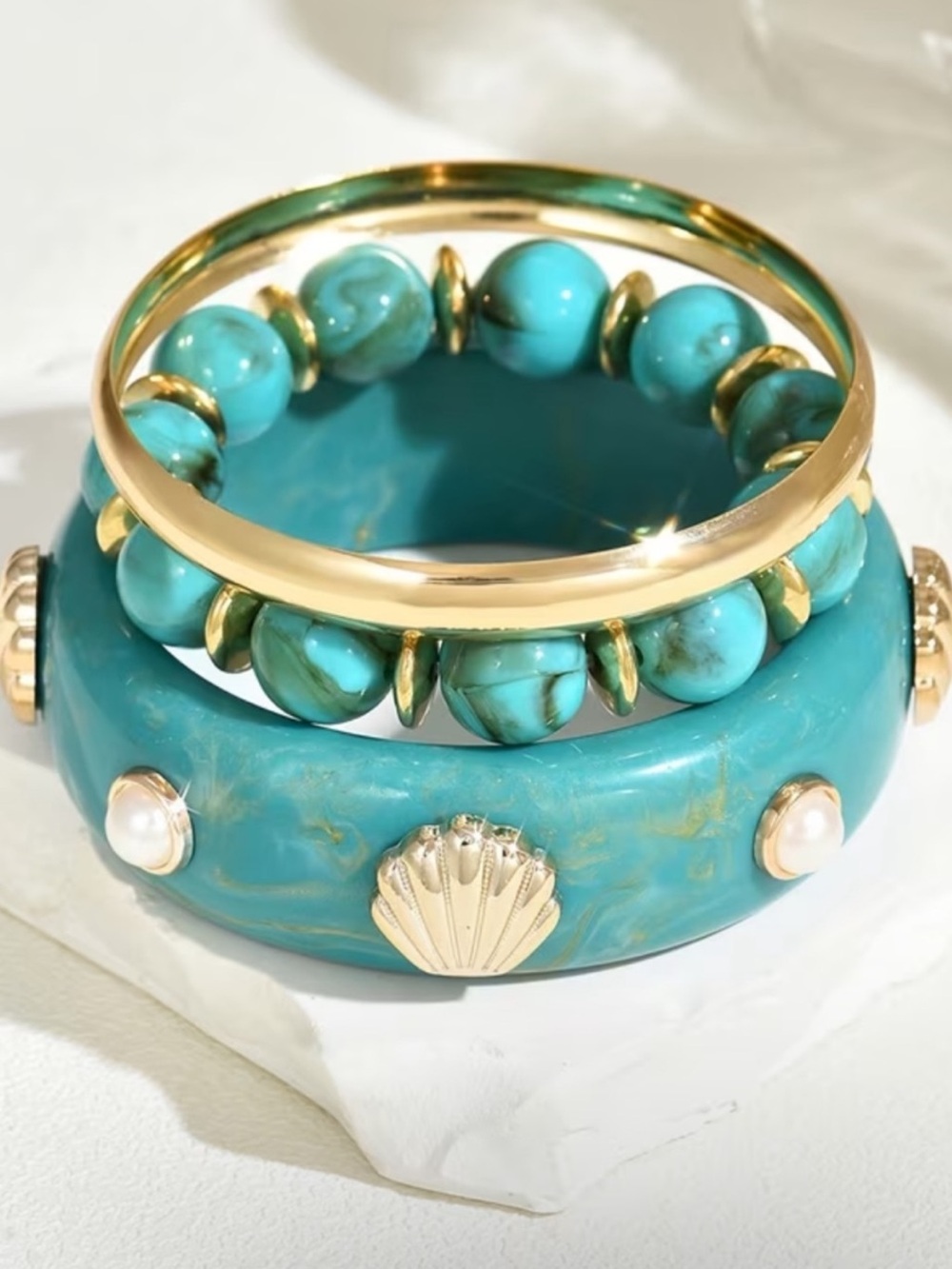 Teal Green Turquoise and Gold Stackable Bracelet Set - Women Jewelry